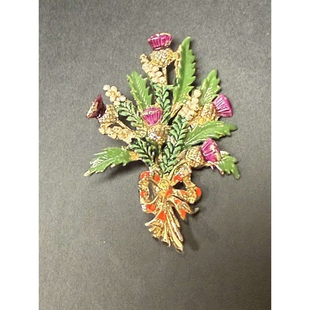 Vintage Exquisite Thistle Bouquet Enamel Metal Brooch Pin 2.4 inch